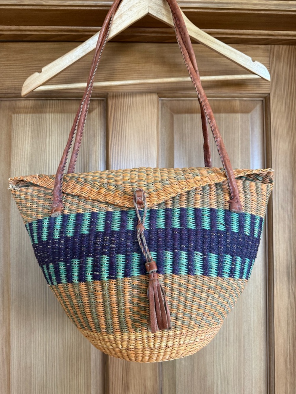 Woven Straw Tote Bag with Teal & Navy Accents
